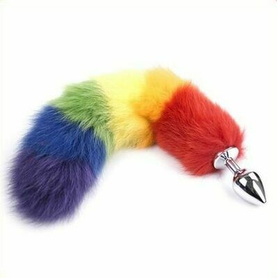 Metal Anal Butt Plug Rainbow Fox Tail - Image 2