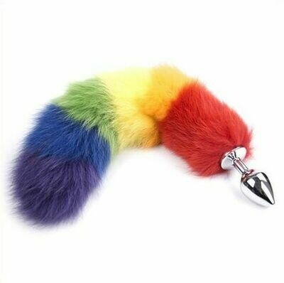 Metal Anal Butt Plug Rainbow Fox Tail - Image 4