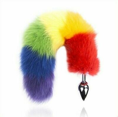Metal Anal Butt Plug Rainbow Fox Tail - Image 3